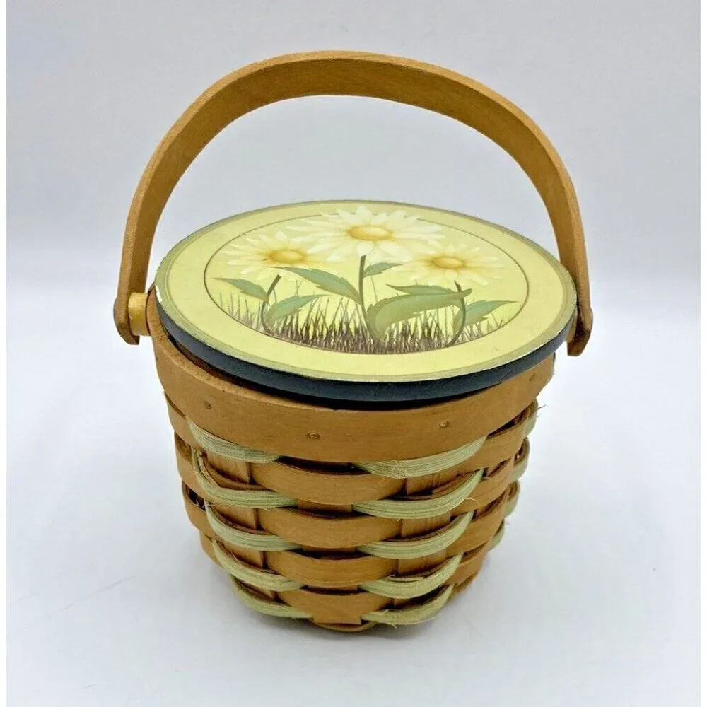 Sunflower Basket 3.75”x4.5” Handle Hinged Lid Woven Round Yellow Trinket Holder